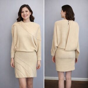 Vintage Designer Ribbed Knit Sweater Dress Beige Dolman Sleeve Sz S